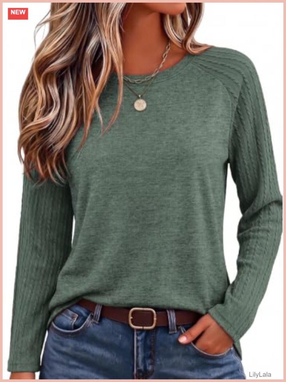 Long Sleeve Tunic Top Crewneck Loose Fit Curved Hem Womens Casual